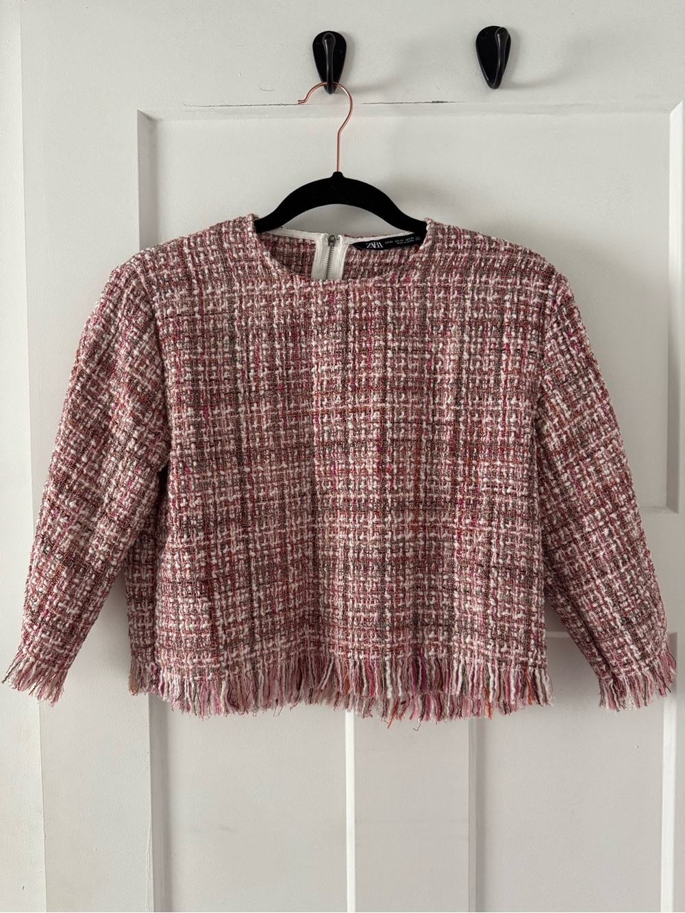 Zara Pink and Cream Tweed Fringe Jacket